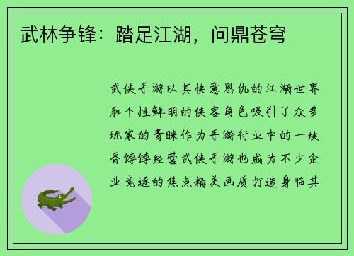 武林争锋：踏足江湖，问鼎苍穹